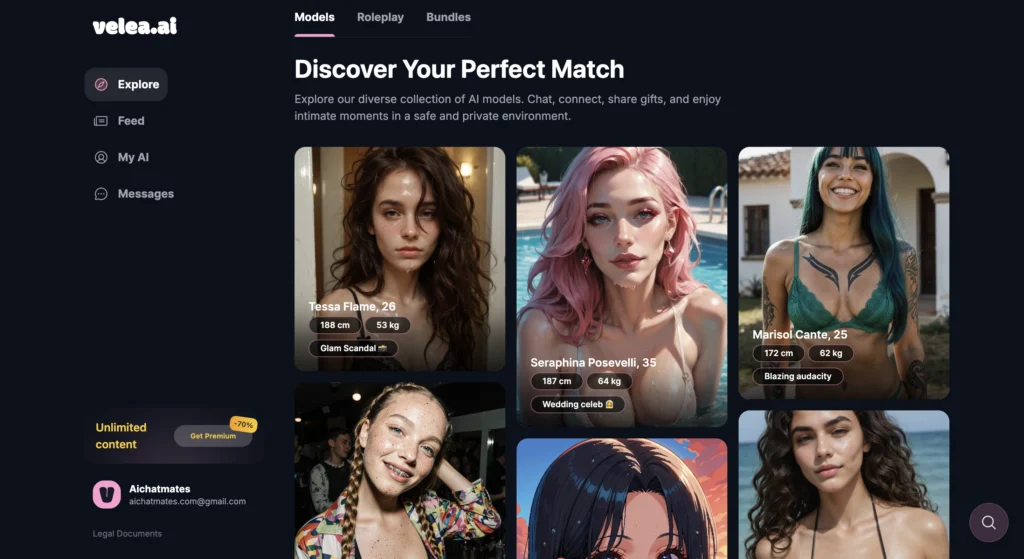 Screenshot of Velea AI interface showing AI personalities, roleplay scenarios, and customization options in a clean, interactive chat layout.