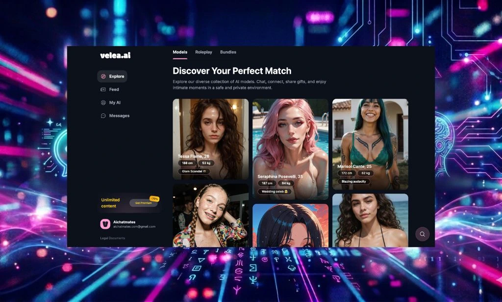 Velea AI interface showing AI chat conversations, roleplay features, and customizable personalities in an interactive platform.
