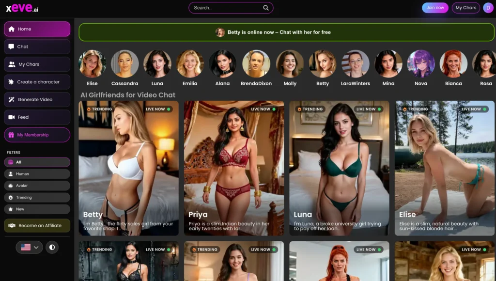 Xeve.ai showing AI companions.