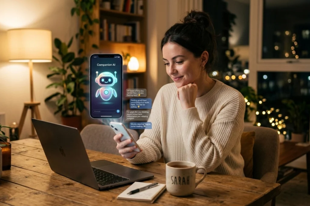 Woman chatting with an AI companion on a smartphone at home illustrating AI and human relationships