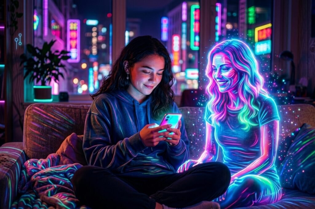 A woman sitting on a couch at night using her phone while a glowing holographic AI companion sits beside her illustrating real ai companion apps uses