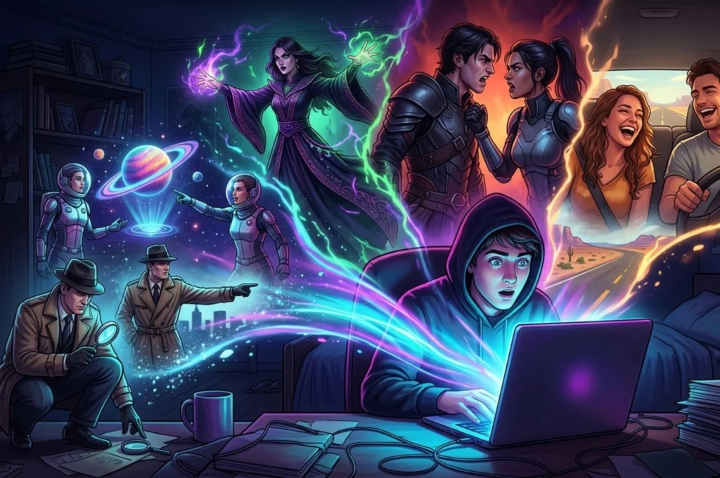 Guy at laptop with exploding AI companion roleplay ideas – fantasy, action & chaos on Candy AI