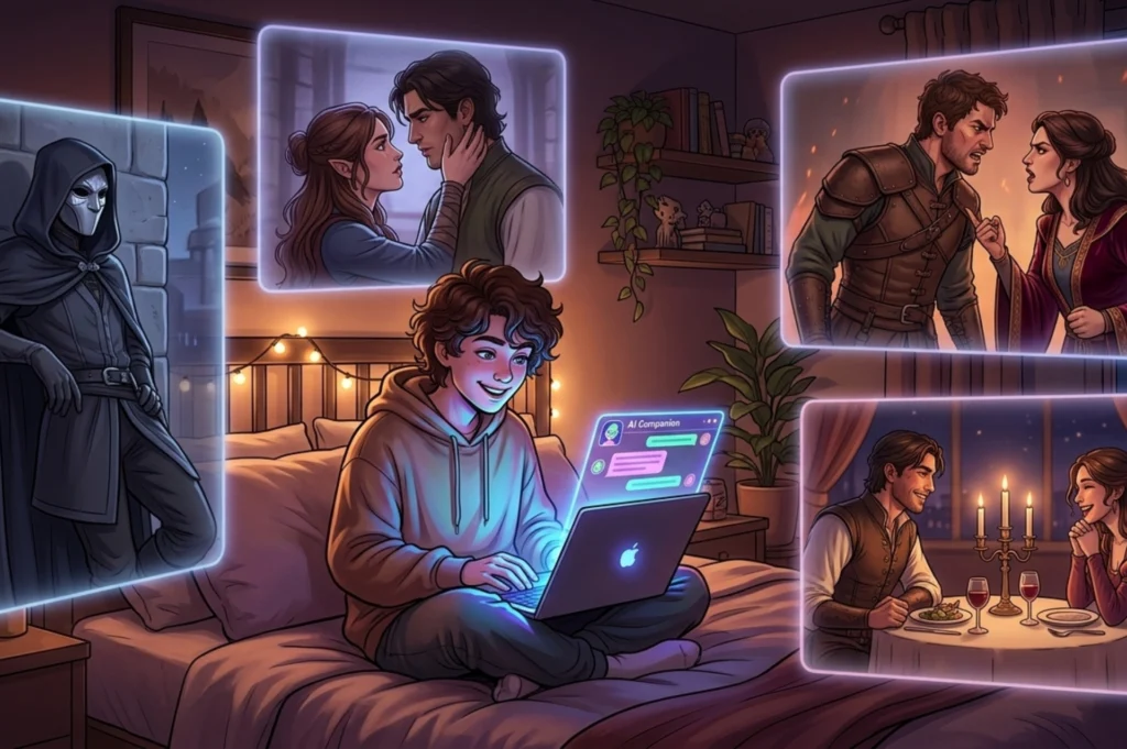 Man chatting with AI companion on laptop surrounded by glowing fantasy roleplay ideas scenes
