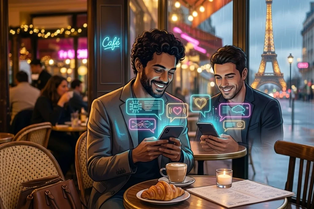 A gay men sitting at a Paris café near the Eiffel Tower, smiling at his phone with glowing AI chat and heart message bubbles, representing the best AI gay apps in Europe