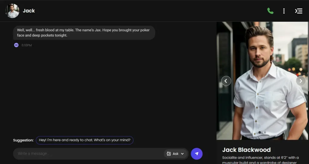 AI chat interface showing a male companion messaging the user, highlighting reassurance, attention, and praise-focused digital conversation.