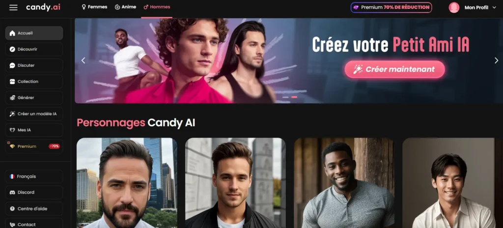  Candy AI homepage showing male AI companion characters with French language interface, featuring the "Hommes" (men) category for gay users in Europe