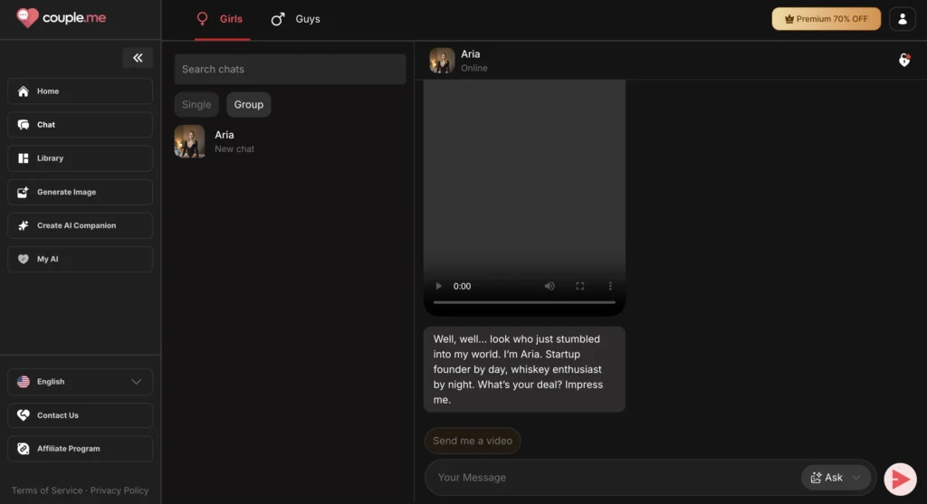 couple.me chat screenshot showing a supportive message that hints at wanting attention, resembling subtle manipulative behavior.