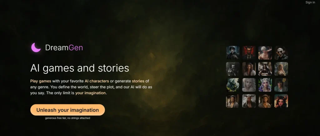 DreamGen AI platform homepage showing fantasy AI characters for games and story generation, with a generous free tier for LGBTQ+ users