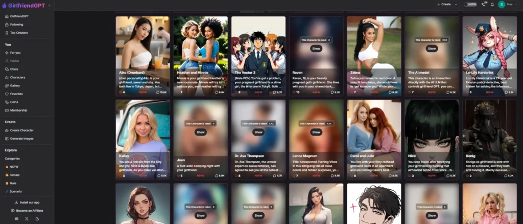 Screenshot of a chat-based AI companion platform showing various character cards, some blurred, with user interface elements on the side.