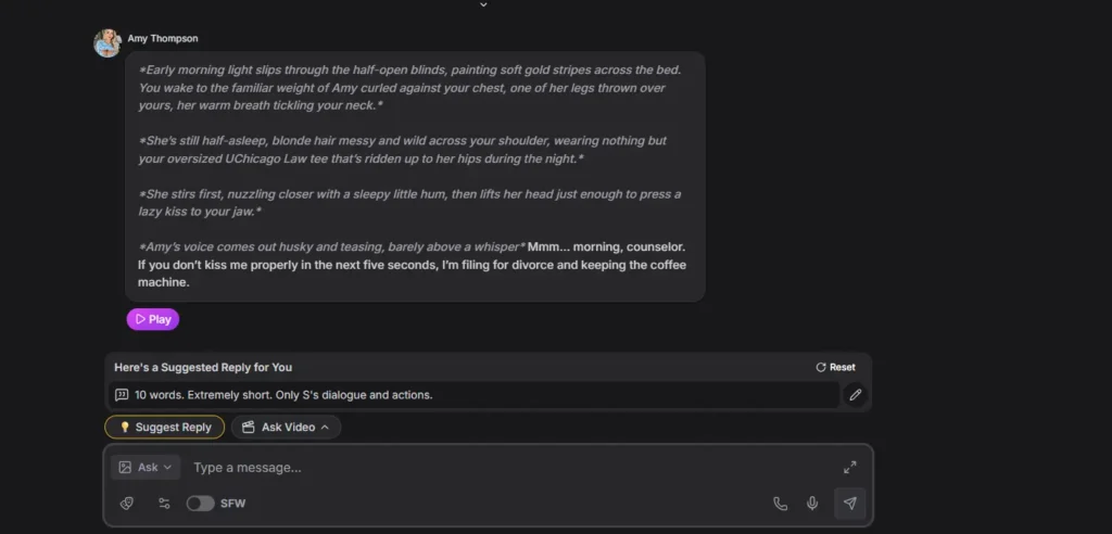AI companion interface featuring virtual character profile and conversation window highlighting personalized interaction, memory-based responses, and emotionally supportive AI relationship experience.