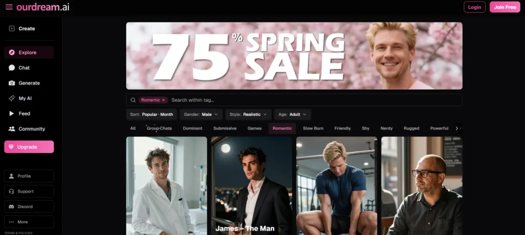 Ourdream.ai explore page filtered by male gender and romantic category, showing realistic AI male companion characters including dominant, submissive, and slow burn personality types