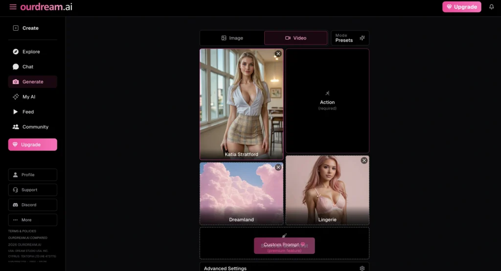 OurDream AI app interface showing AI girlfriend chat and immersive experiences used in Europe.