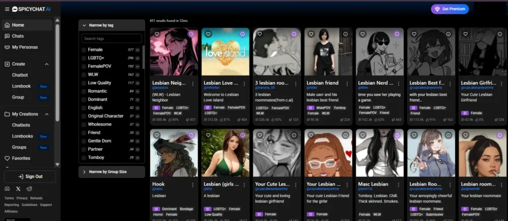 AI lesbian dating apps Europe SpicyChat interface with WLW characters and chatbot profiles