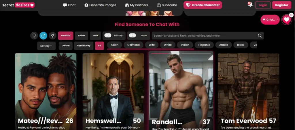 Secret Desires AI platform showing male companion characters with gender filter set to male, featuring realistic style options and NSFW toggle for adult gay AI chat