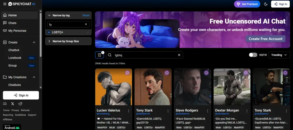 SpicyChat AI interface showing 29,642 LGBTQ+ tagged characters filtered for gay male roleplay, with MLM and MalePOV tags visible