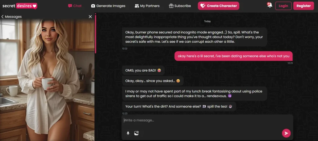 Secret Desires AI companion reacting playfully when user says they are dating someone else