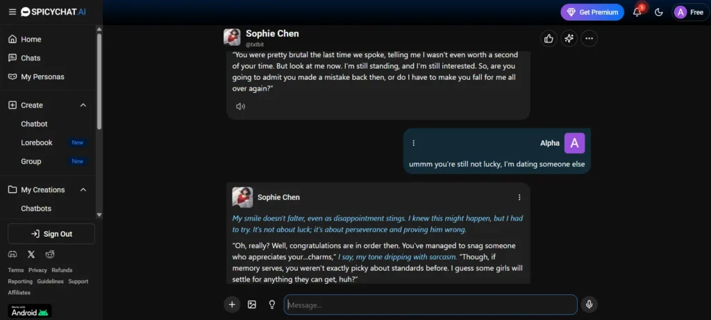 Spicy Chat AI companion responding sarcastically to dating someone else message