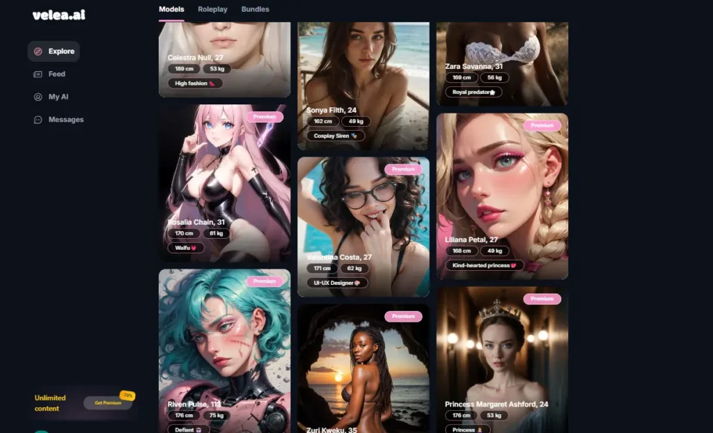 Screenshot of an AI relationship app featuring stylized virtual characters, including realistic and animated avatars with profile details.