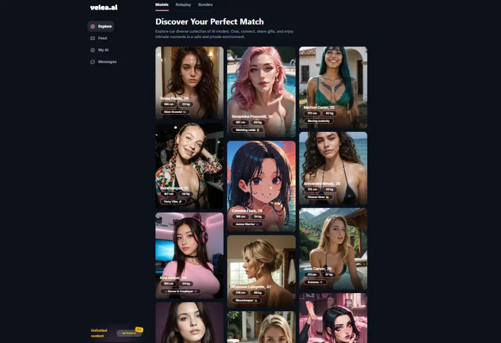 Velea AI models interface displaying personalized AI dating app profiles designed to help users re enter the dating scene with AI safely