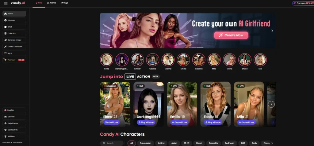 A modern web interface labeled “Candy.ai” displaying a banner reading “Create your own AI Girlfriend.” Below are profile cards of female AI characters with names, ages, and “Play with me” buttons, alongside navigation menus and category filters.