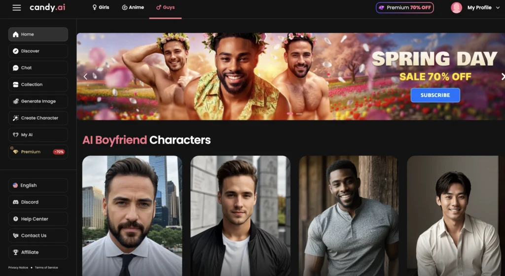 Candy AI interface showing customizable AI boyfriend chat and features