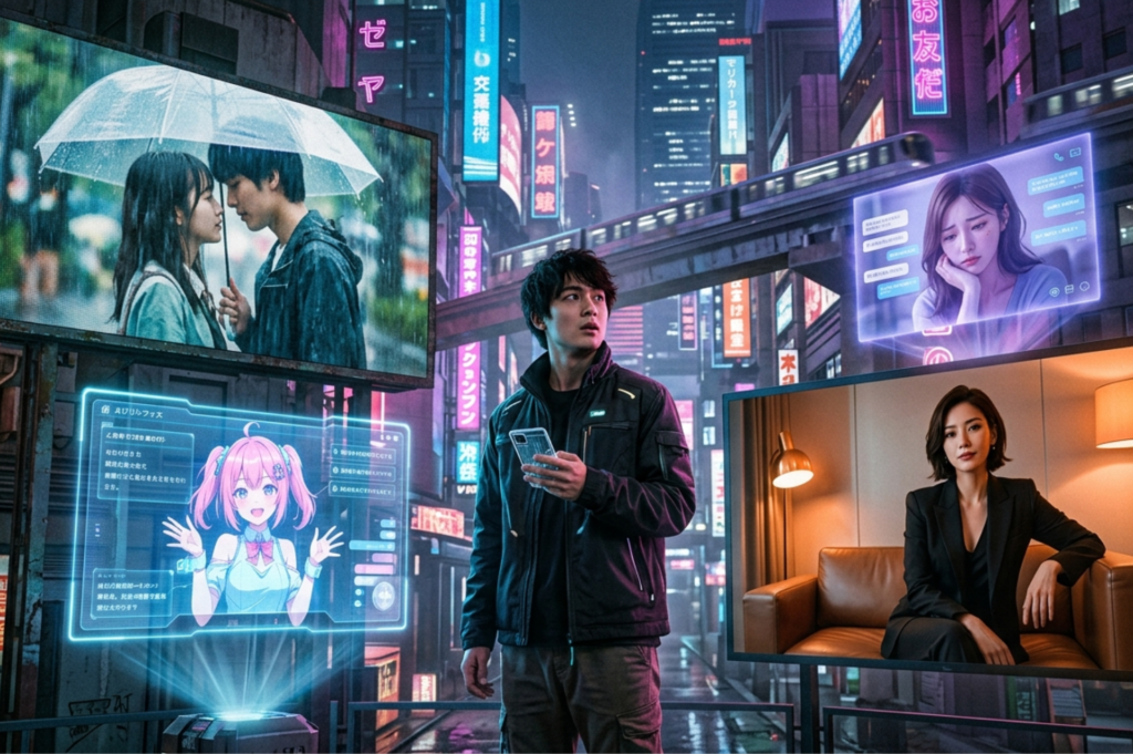 A neon cyberpunk city at night with a man holding a phone, surrounded by multiple AI girlfriend scenarios displayed on holographic and digital screens. Scenes include a romantic couple under an umbrella, an anime-style virtual assistant, a long-distance girlfriend video chat, and a confident woman in a luxury setting. The image features glowing blue and pink lighting with a futuristic aesthetic.