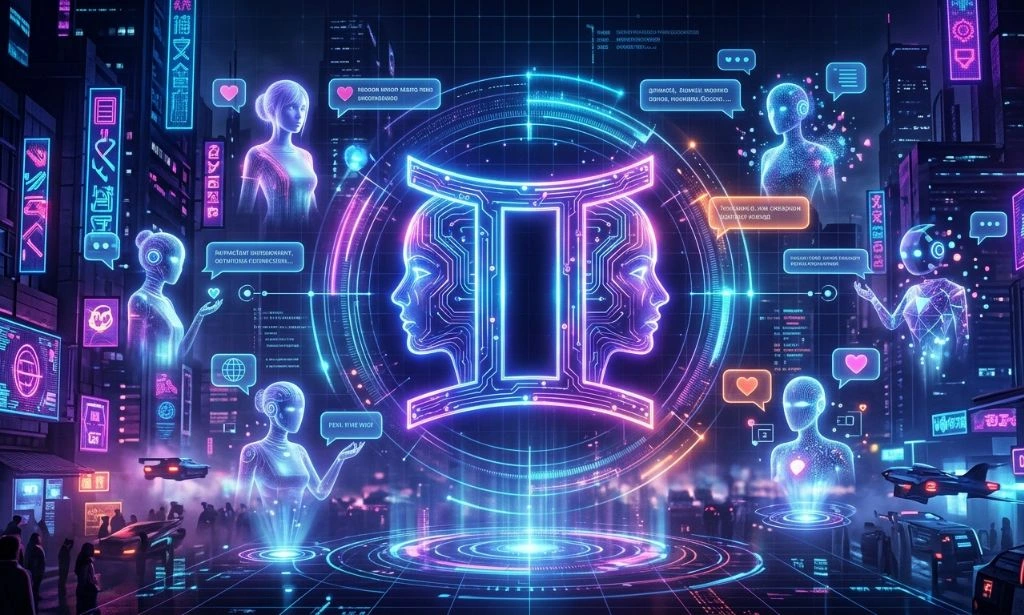 Neon cyberpunk illustration of Gemini zodiac symbol with AI companion and virtual girlfriend interfaces representing AI relationship apps.