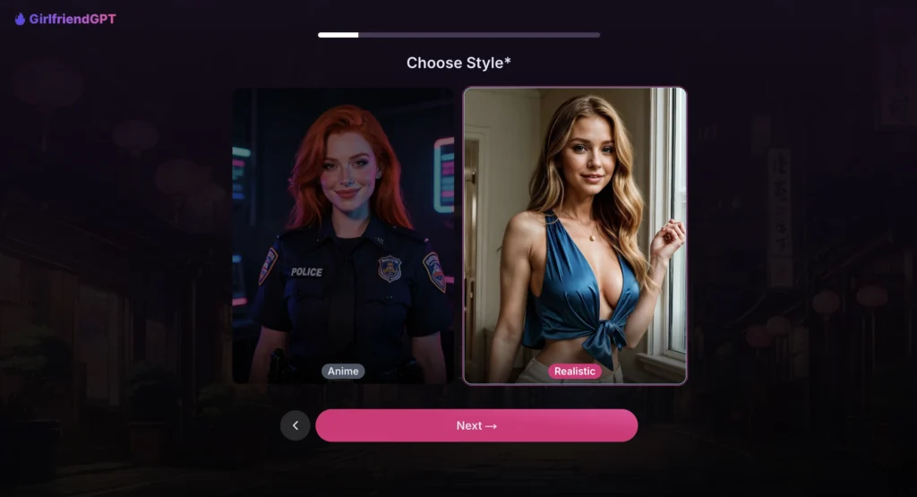 Virtual AI girlfriend interface representing GirlfriendGPT with emotional and personalized conversation flow.