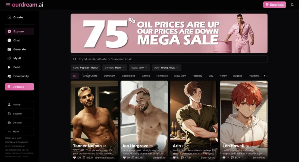 OurDream AI interface with customizable virtual boyfriend and fantasy chat.