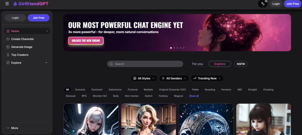 
Screenshot of the GPTGirlfriend website, featuring the tagline "Our most powerful chat engine yet" and a photos of anime characters