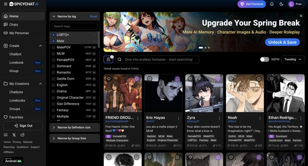 SpicyChat AI platform showing character-based chat and roleplay features.