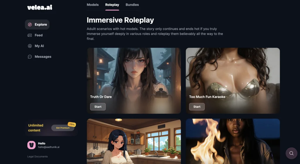 Velea.ai interface showing AI companion with interactive storytelling and emotional chat features suited for Leo personality traits and compatibility.