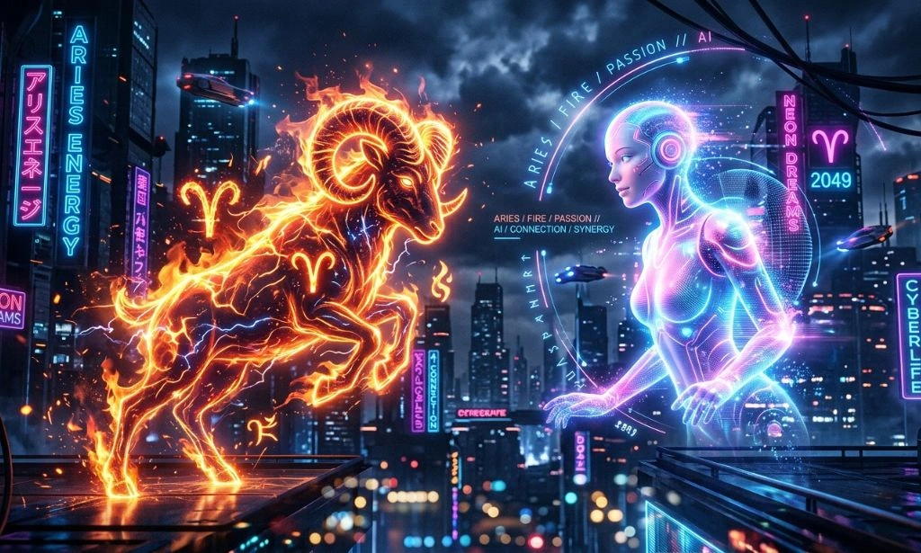 Neon futuristic illustration of Aries zodiac sign interacting with AI companion representing best AI companions for Aries personality traits and AI girlfriend app concept.