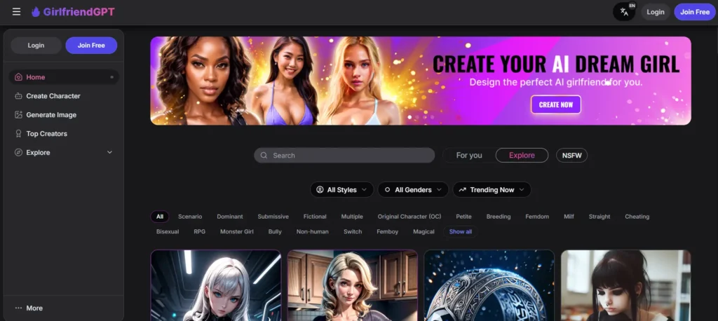 GPT Girlfriend AI platform showcasing customizable AI companions and personalized chat experiences suited for Cancer users seeking deep emotional connection