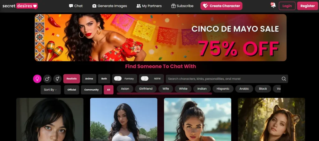 Secret Desires companion platform displaying realistic AI personalities designed for emotional bonding and private interactions ideal for Cancer zodiac traits