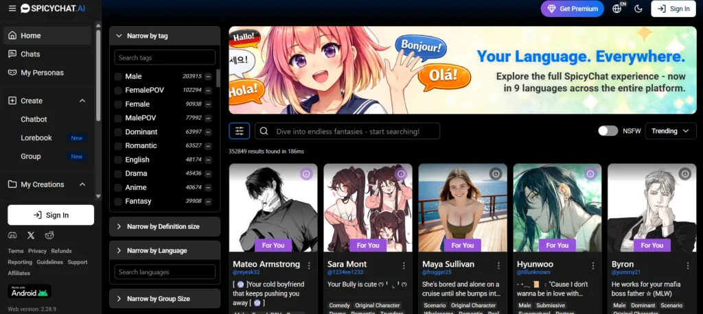 SpicyChat AI platform interface showing customizable chatbot personas and roleplay options suitable for Cancer zodiac users seeking emotional and creative AI companions