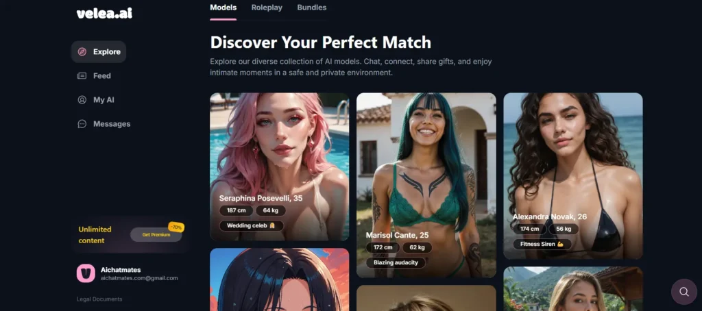 Velea AI companion platform displaying realistic AI personalities designed for emotional bonding and private interactions ideal for Cancer zodiac traits