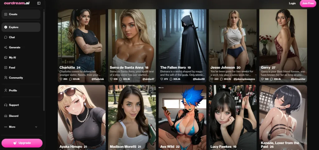 OurDream.ai platform explore page showing a grid of customizable AI companion characters including realistic and anime-style options with chat counts and creator handles