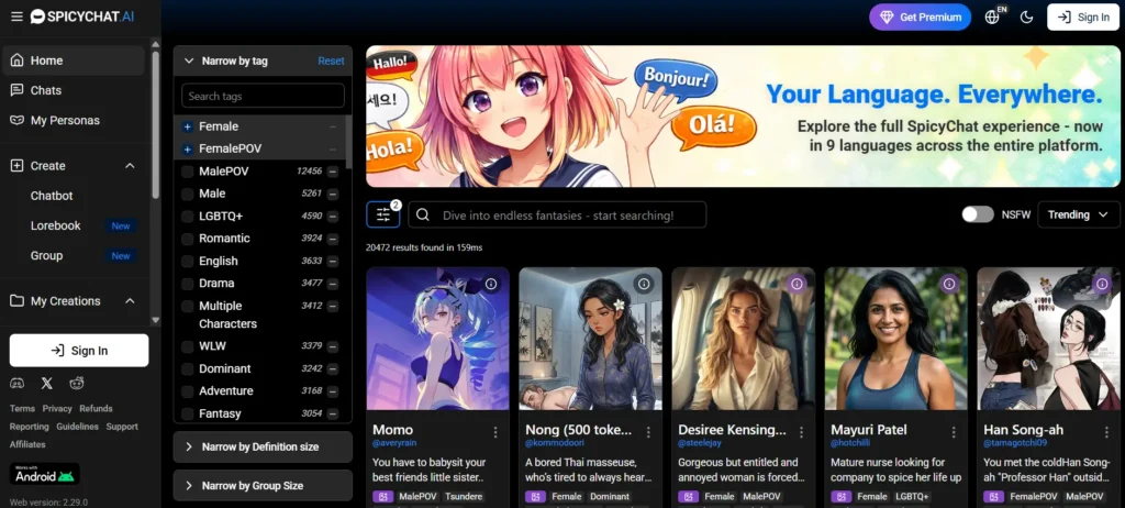 SpicyChat AI platform with diverse AI characters and filtering system suitable for Libra users exploring structured yet creative interactions