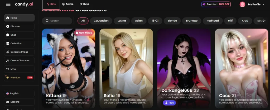 Candy AI dashboard featuring customizable AI companions designed for Virgo users who prefer control and personalization