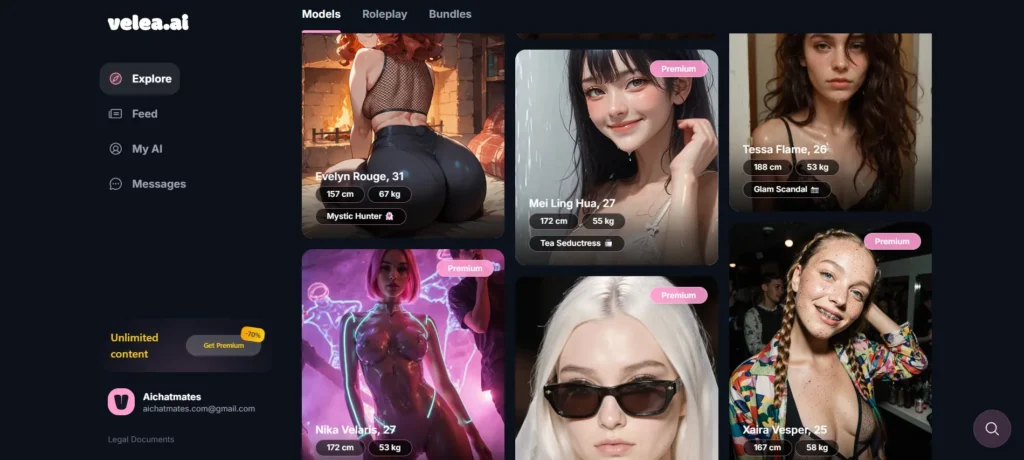 Velea AI interface showing structured AI companion profiles ideal for Virgo users who prefer organized and consistent interactions