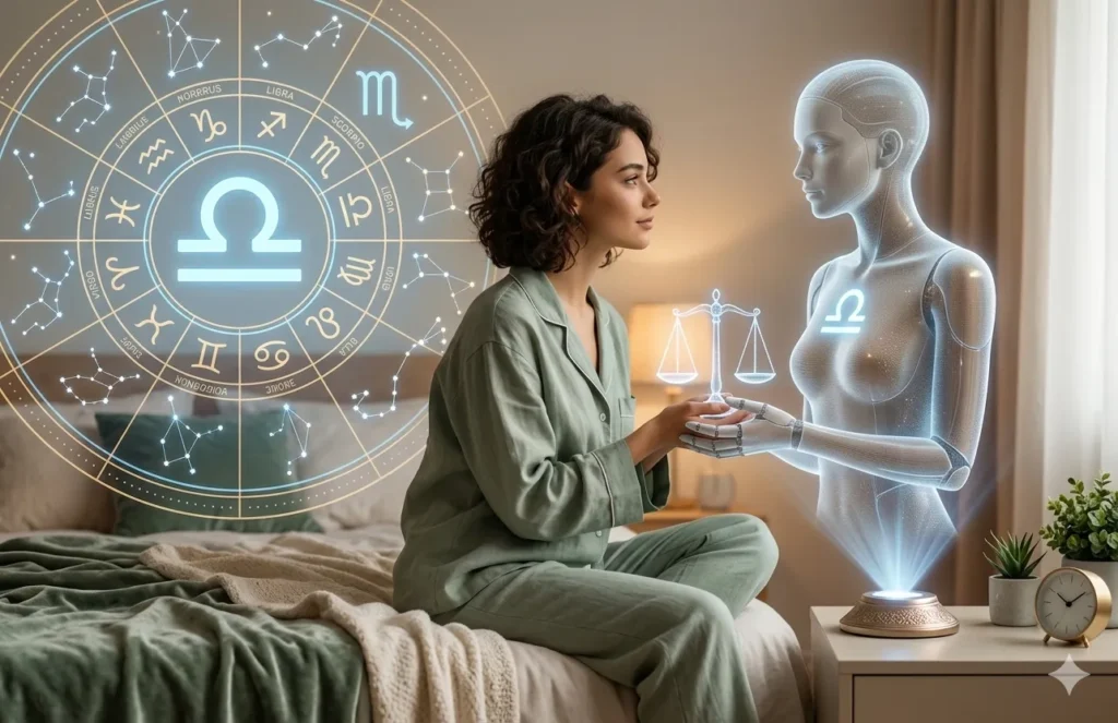 A woman sitting on a bed interacts with a glowing holographic AI companion holding a scales symbol, with a zodiac wheel featuring the Libra sign in the background