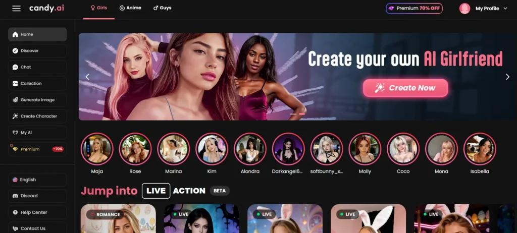 Candy AI dashboard showing customizable AI girlfriend characters and chat interface for Taurus users