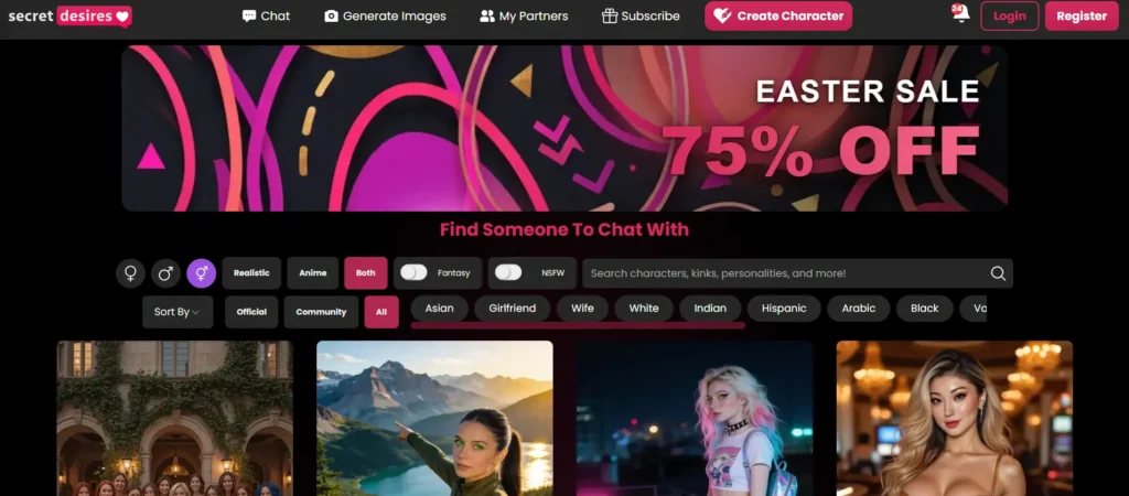 Secret Desires AI interface with advanced filters for personality, preferences, and AI companion customization
