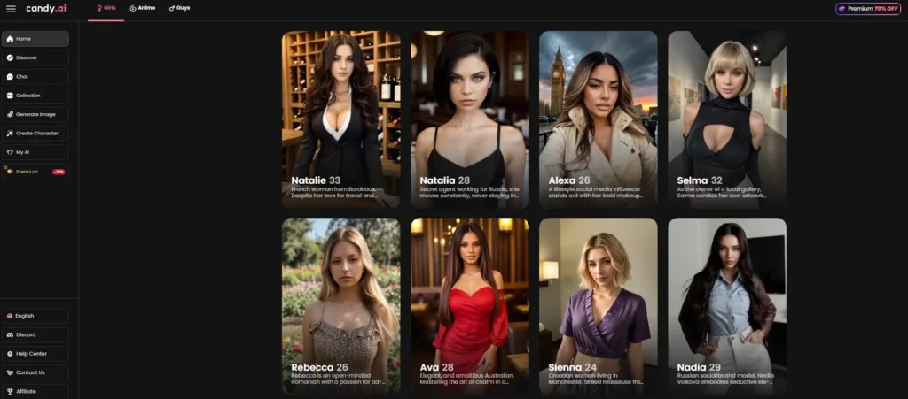 Candy AI character selection page with beautiful AI girls ready for chat and image generation, great for building and visually corrupting innocent characters.