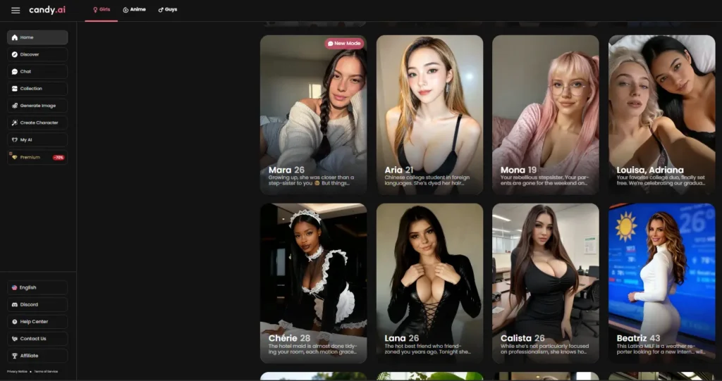 A sleek website interface “candy.ai” featuring a grid of female AI character profiles. Each card includes a name, age, short description, and call-to-action buttons, with a sidebar menu for navigation and customization features.