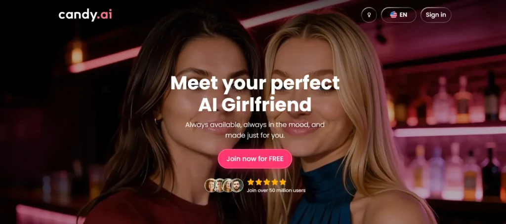 Candy AI homepage showing "Meet your perfect AI Girlfriend" with 50 million users and 5-star rating - best AI companion app 2026