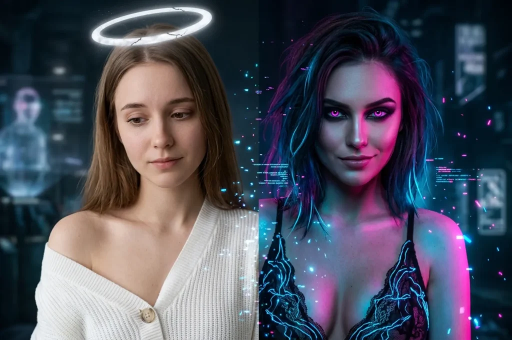 Split-face portrait showing corruption kink transformation: innocent good girl with cracked halo on the left, seductive good girl gone bad with neon pink eyes on the right, in cyberpunk neon blue and pink lighting.