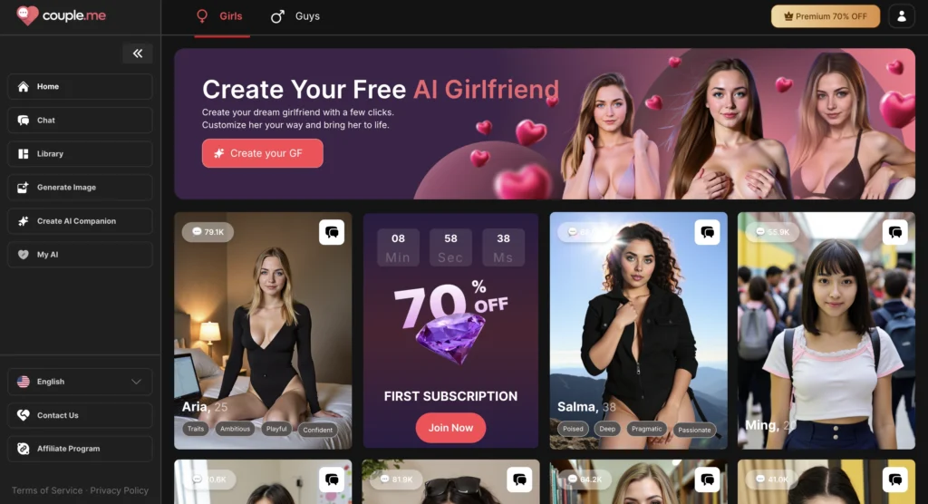 couple.me interface displaying AI companion relationship simulation aligned with Leo zodiac characteristics and connection needs.