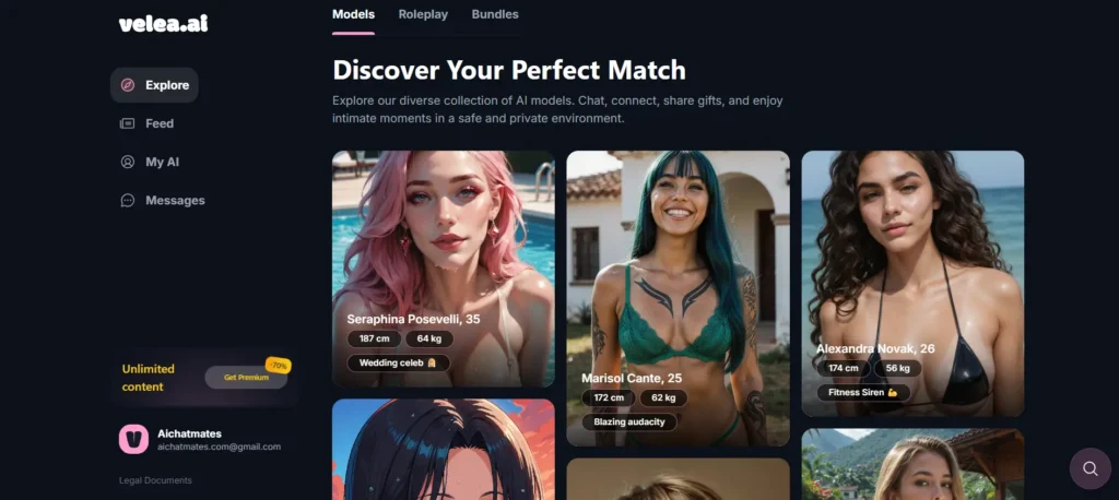 Velea AI explore page showing diverse AI companion models with physical profiles and personality tags - AI companion discovery platform 2026